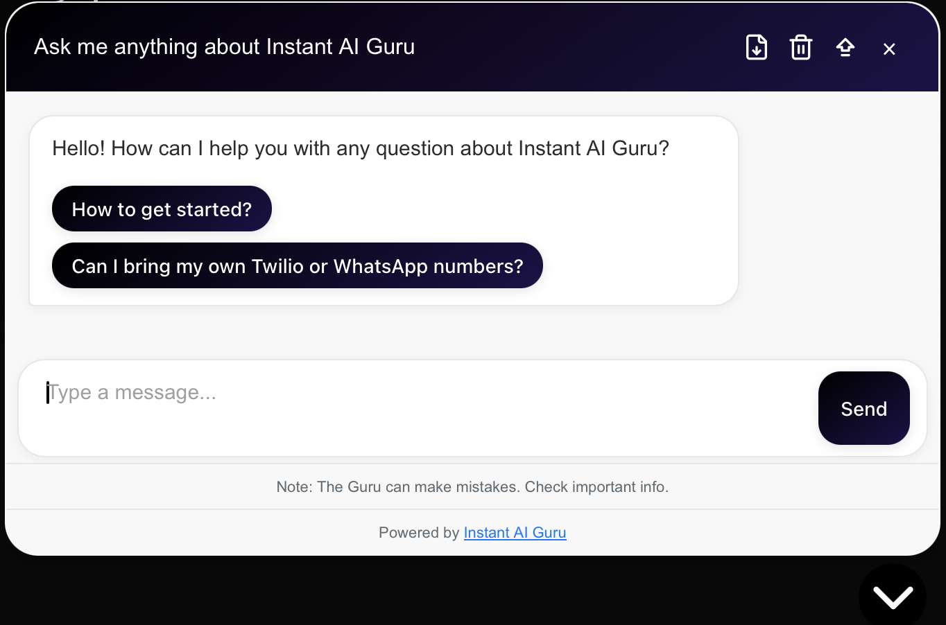 Chat starters example in instantAIguru widget