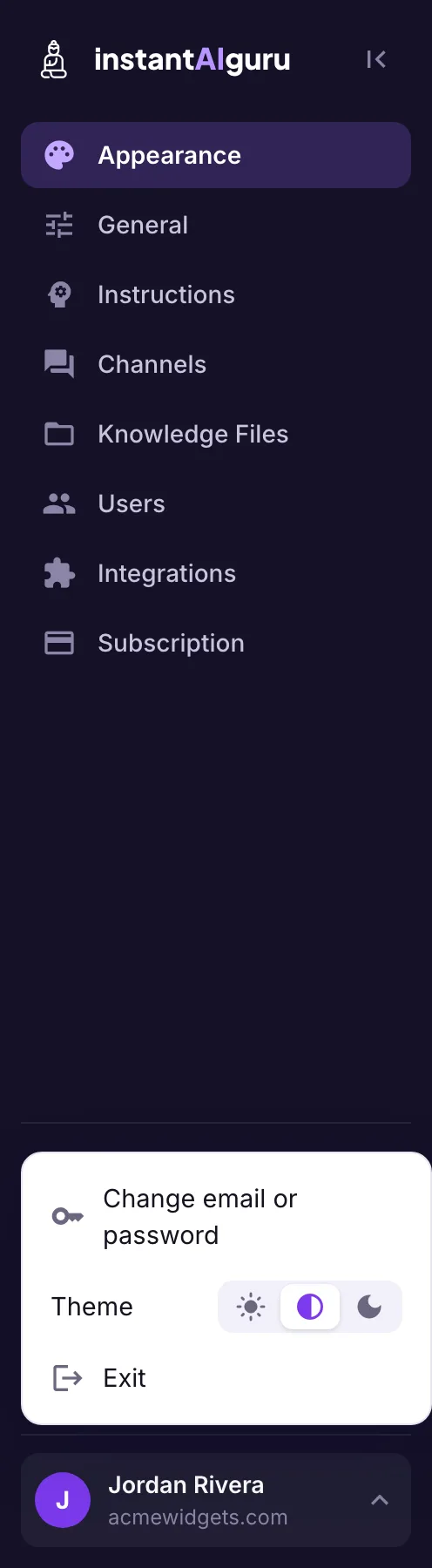 The left menu with the account menu open above Jordan Rivera: Change email or password, a Theme switch with light, match-device and dark buttons, and Exit.