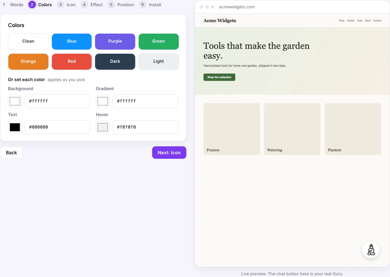 The Colors step: eight preset buttons, Clean, Blue, Purple, Green, Orange, Red, Dark and Light, and under Or set each color, four color fields for Background, Gradient, Text and Hover, each with a swatch and a hex value.