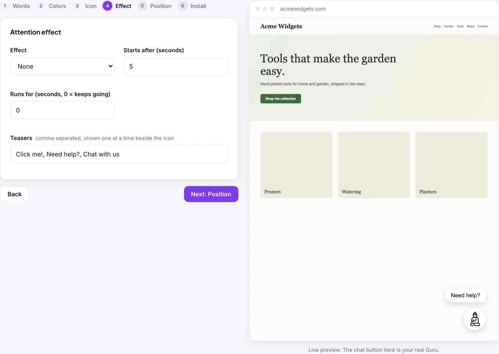 The Effect step: an Effect dropdown set to None, Starts after (seconds) 5, Runs for (seconds, 0 = keeps going) 0, and Teasers reading Click me!, Need help?, Chat with us. In the preview, a Need help? teaser sits beside the chat button.