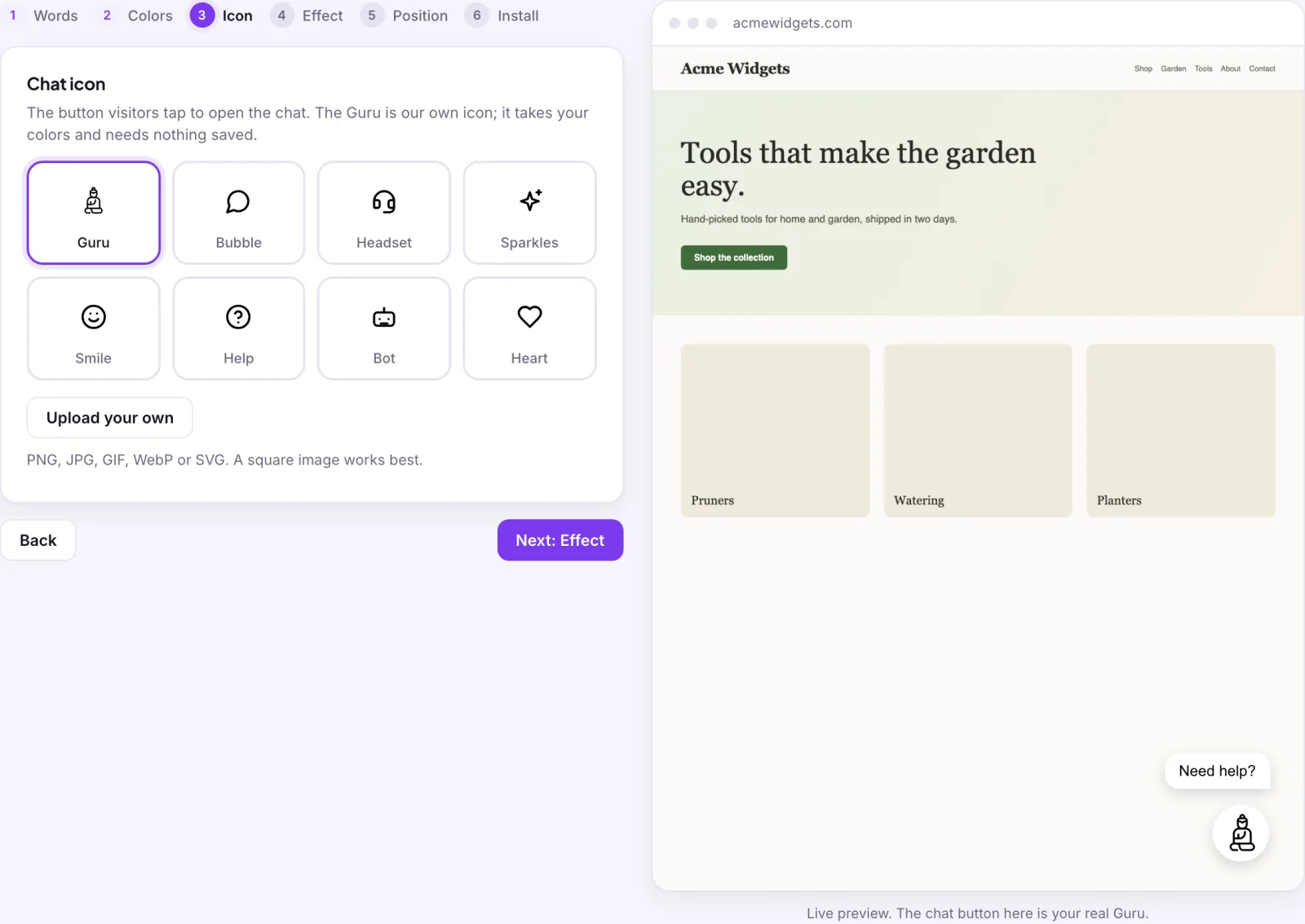 The Icon step: eight icon tiles, Guru (selected), Bubble, Headset, Sparkles, Smile, Help, Bot and Heart, then an Upload your own button and a note that PNG, JPG, GIF, WebP or SVG work and a square image is best.
