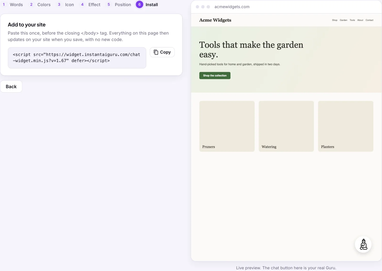 The Install step, Add to your site: a note to paste the code once before the closing body tag, and a code box holding the chat-widget script tag with a Copy button.