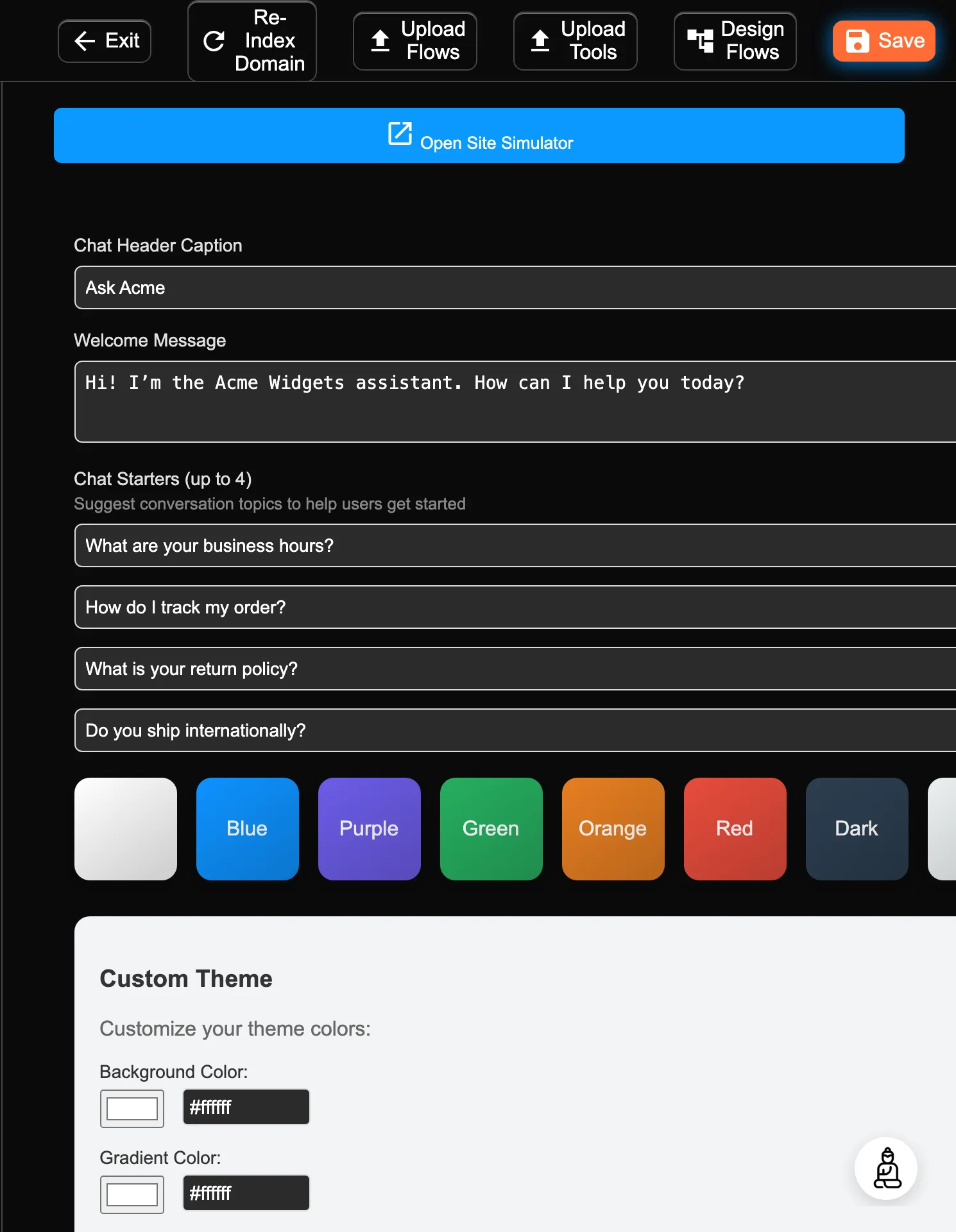 The Preview panel (Appearance): Open Site Simulator button, Chat Header Caption, Welcome Message, up to four Chat Starters, a row of eight color theme presets, and a Custom Theme color picker.