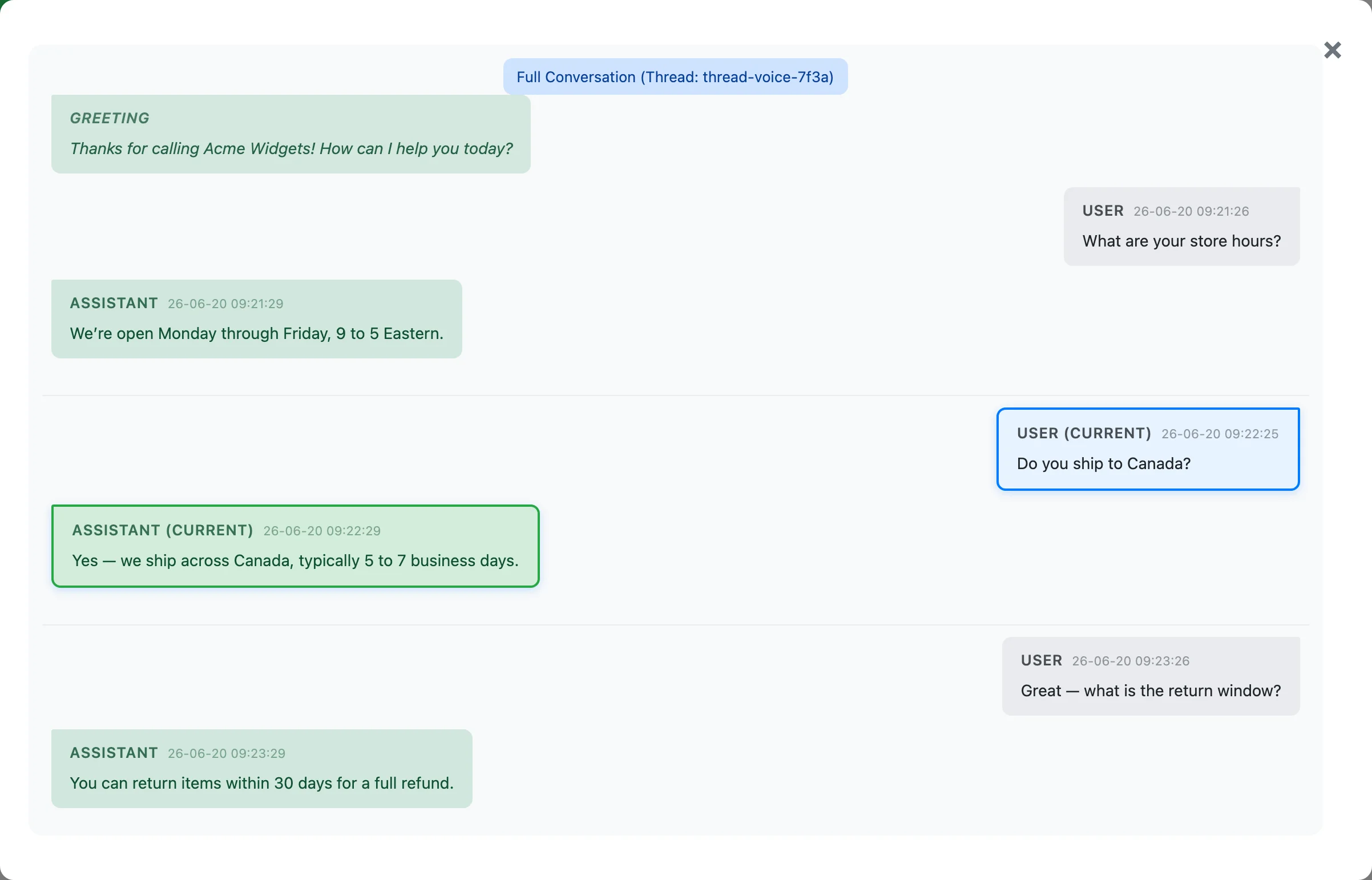 The Full Chat modal for a voice conversation: a leading GREETING bubble with the AI's opening line, followed by alternating USER and ASSISTANT messages, each with a timestamp beside its role label, and the current interaction highlighted.