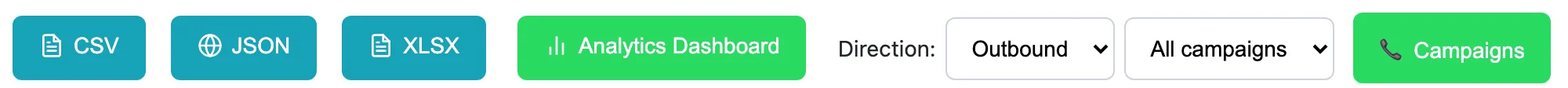 The dashboard's button row: CSV, JSON, XLSX and Analytics Dashboard, then Direction set to Outbound, a Campaign picker reading All campaigns, and a Campaigns button.