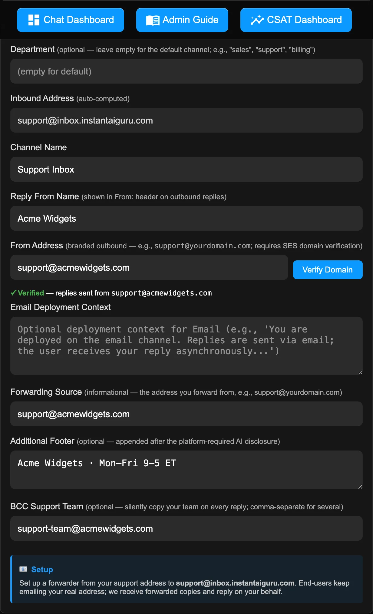 The Email channel card expanded: Department, auto-computed Inbound Address, Channel Name, Reply From Name, a verified From Address, Email Deployment Context, Forwarding Source, Additional Footer, and the optional BCC Support Team field.