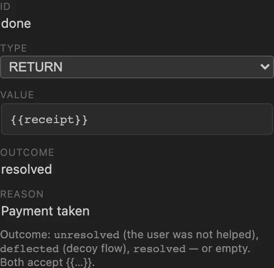 The Inspector for a RETURN step named done: Value {{receipt}}, Outcome resolved, Reason Payment taken, and a hint listing unresolved, deflected and resolved.
