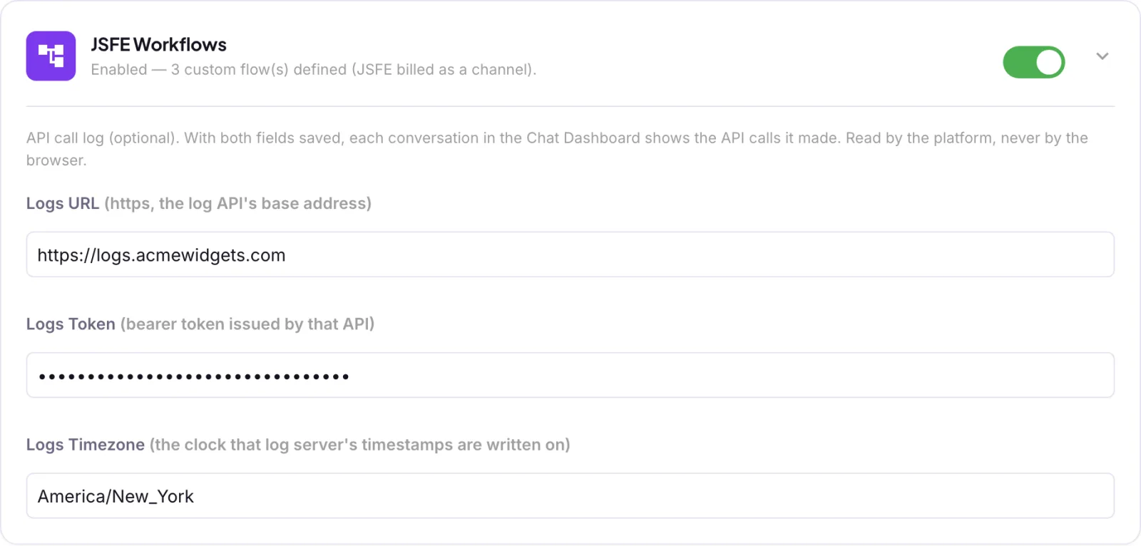 The JSFE Workflows card in Integrations, with its billing toggle, the API call log fields (Logs URL, Logs Token masked, Logs Timezone) and, below a second divider, Action safety: Action persistence set to Session only (default) and the Durable action journal checkbox greyed out.