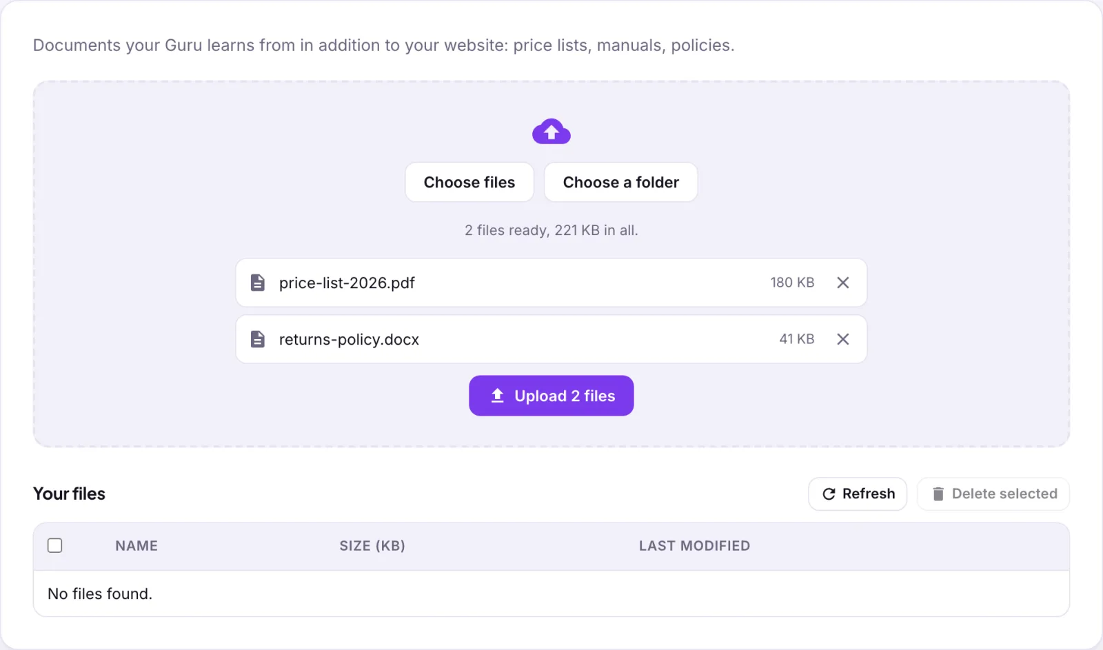 The Knowledge Files section: under References, Never use uploaded files as references is ticked and, indented under it, Only if a folder or file starts with ! is ticked; below, an upload box with Choose files and Choose a folder, a line reading 2 files ready, 28 KB in all, the two files price-list-2026.pdf and returns-policy.docx each with its size and a remove button, and an Upload 2 files button; below it, Your files with Refresh and Delete selected and an empty file table.