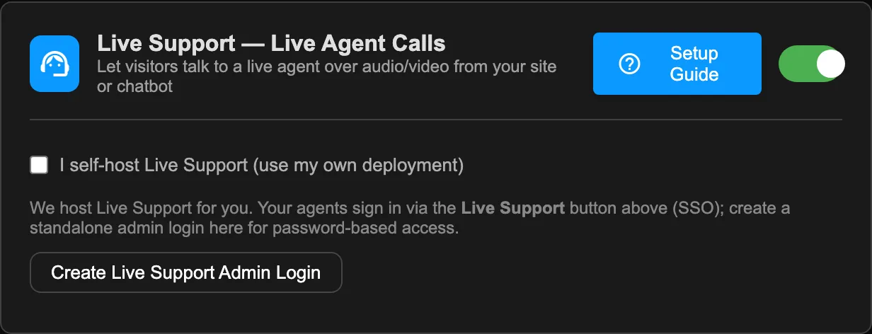 The Live Support card on the Integrations tab, toggled on in managed mode: an 'I self-host Live Support' checkbox, a note that agents sign in via the top-bar Live Support button (SSO), and a Create Live Support Admin Login button.