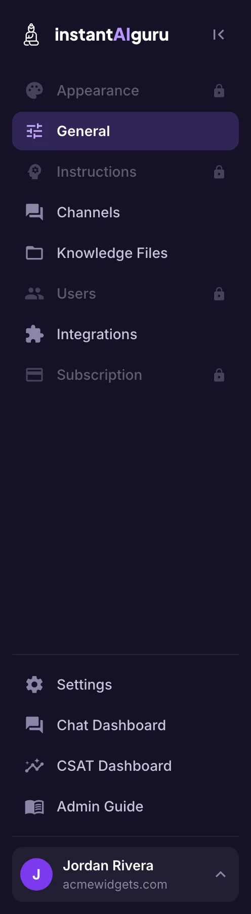 The left menu for a user without the Appearance, Instructions, Users and Subscription permissions: those four items are dimmed with a lock icon, and General is open.
