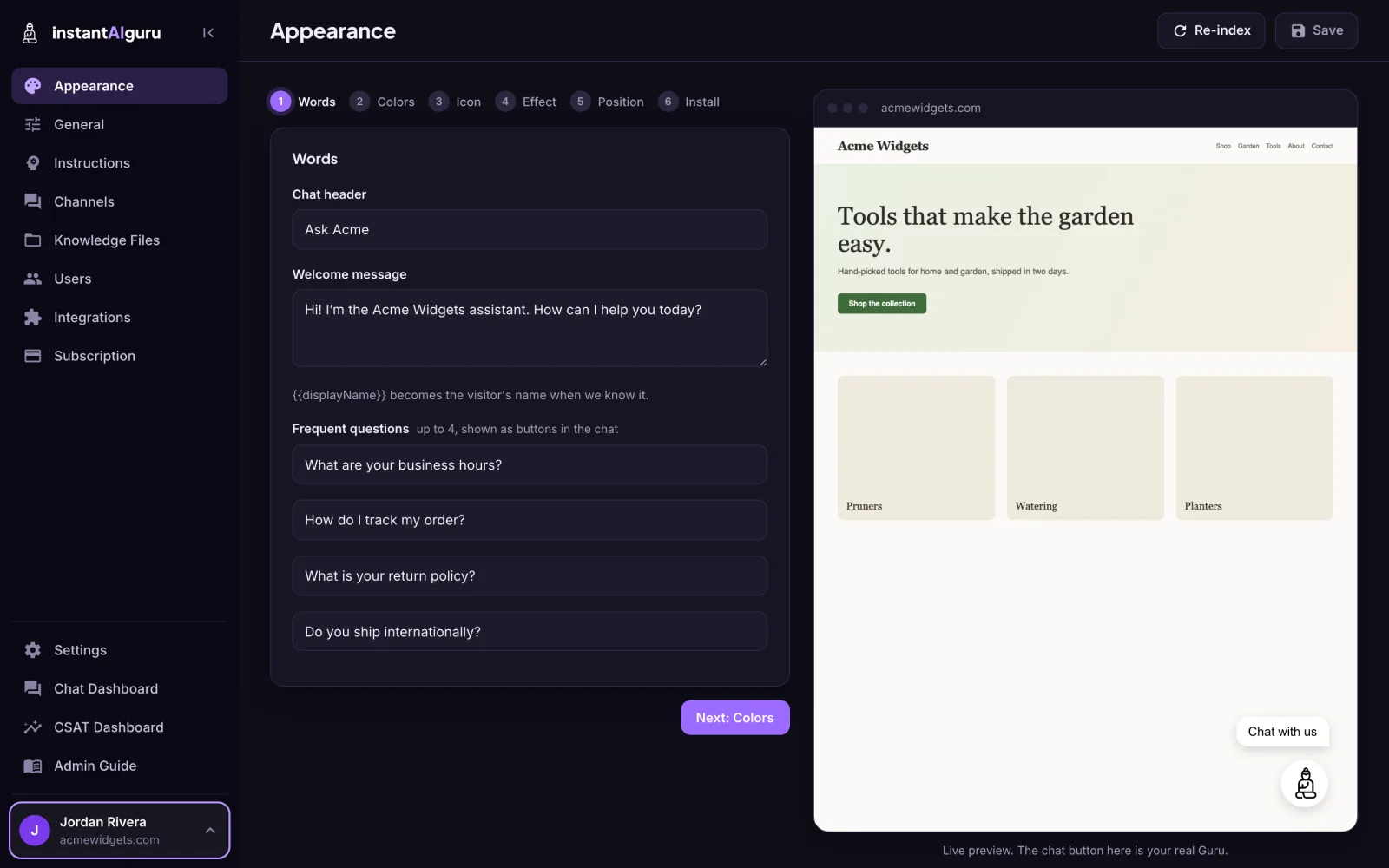 The admin console in the dark theme, showing the Appearance section with its Words step and the live preview of the Acme Widgets storefront.
