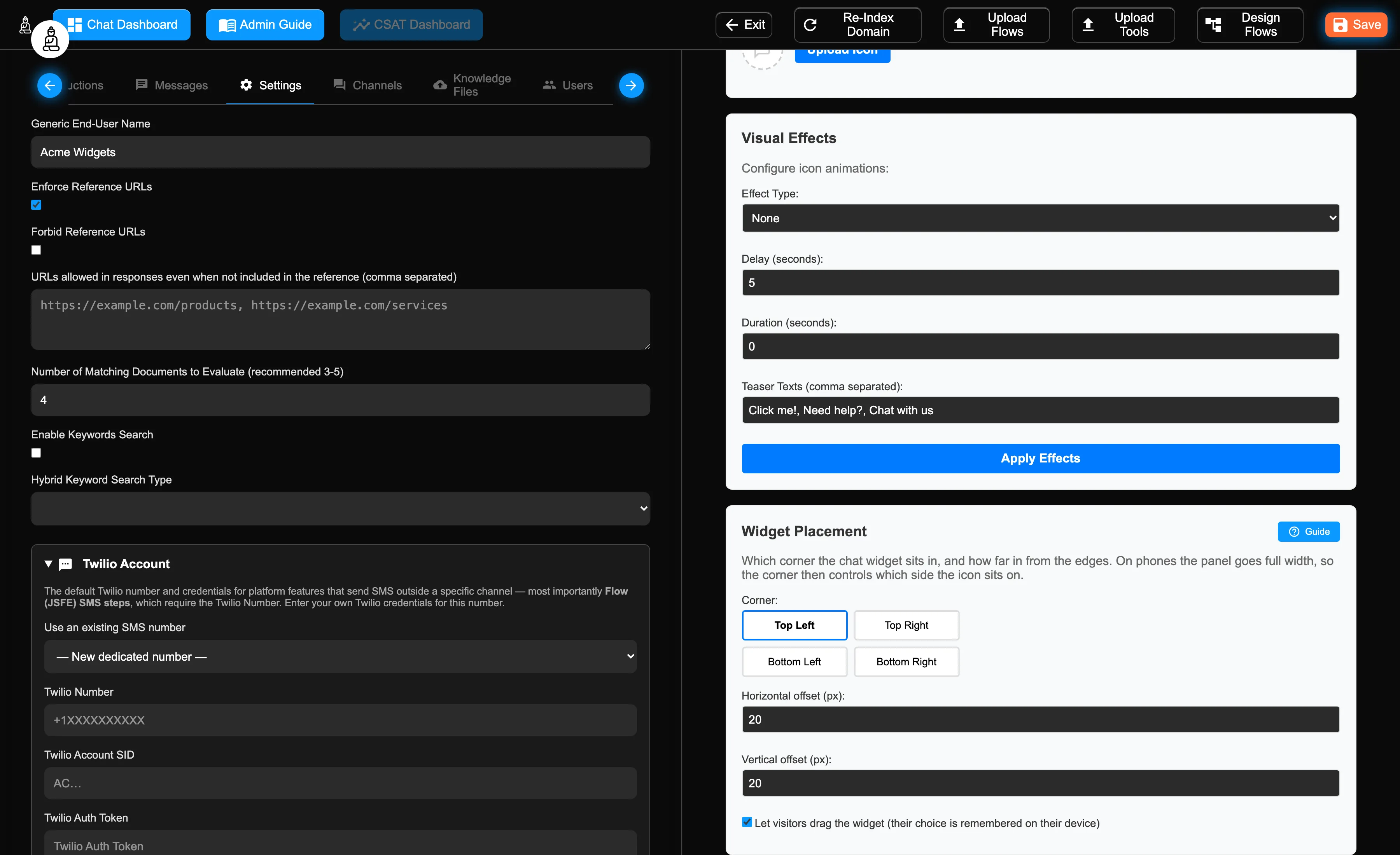 The Admin Portal with Top Left selected in the Widget Placement card, and the live chat widget icon now sitting in the top-left corner of the screen.
