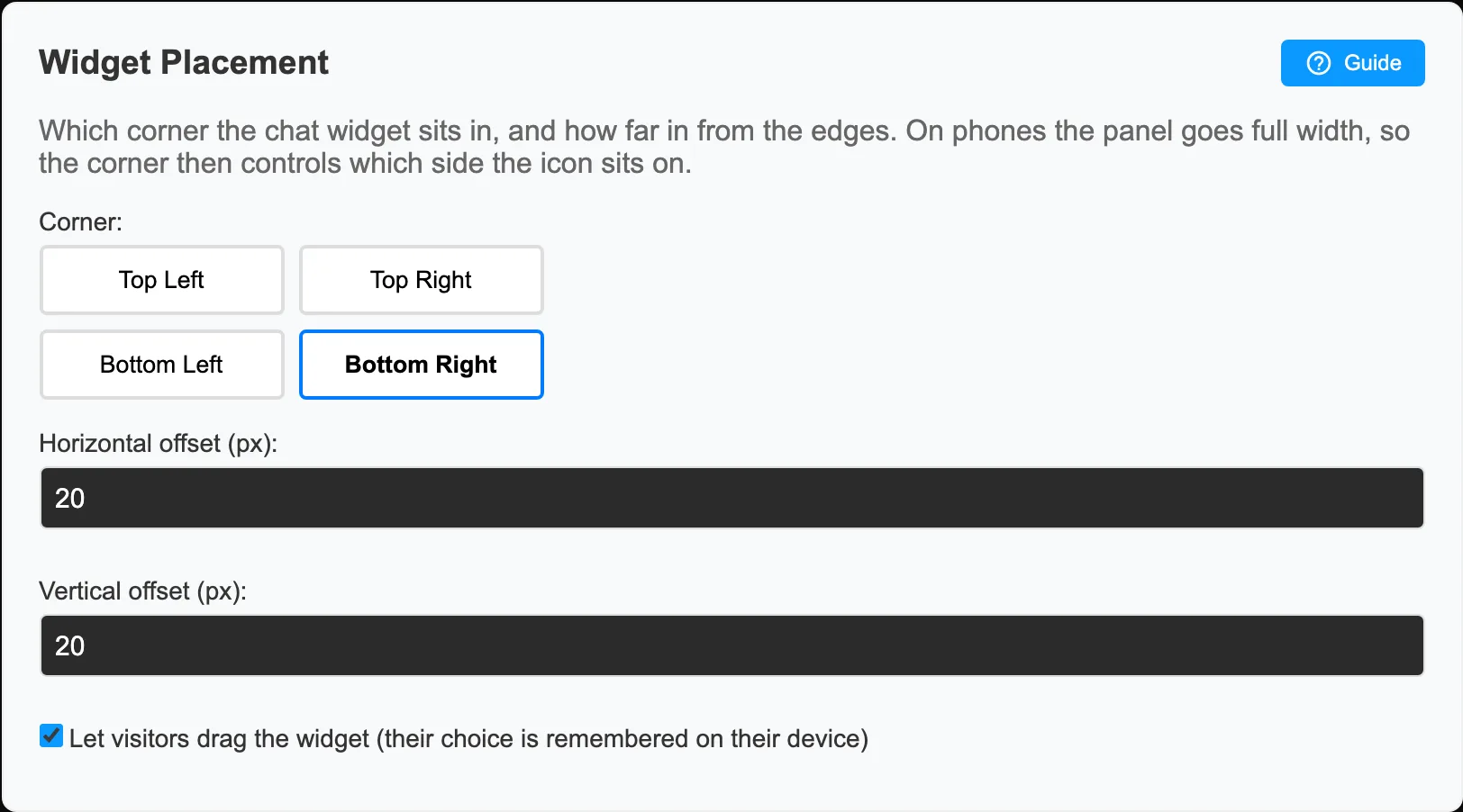The Widget Placement card: a Guide button at top right, a four-button corner picker with Bottom Right selected, Horizontal offset and Vertical offset fields both set to 20, and a checkbox letting visitors drag the widget.