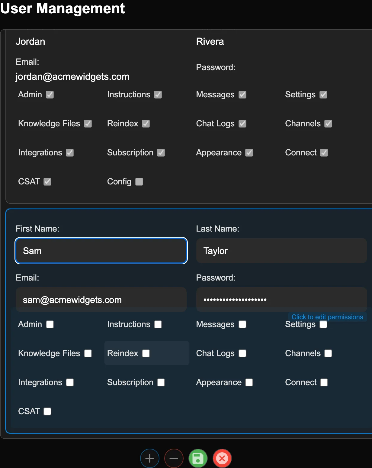 The Users tab with a new user card in edit mode: name and email fields, the auto-generated password shown greyed-out and read-only, and the full grid of permission checkboxes (Admin, Instructions, Messages, Settings, Knowledge Files, Reindex, Chat Logs, Channels, Integrations, Subscription, Appearance, Connect, CSAT).