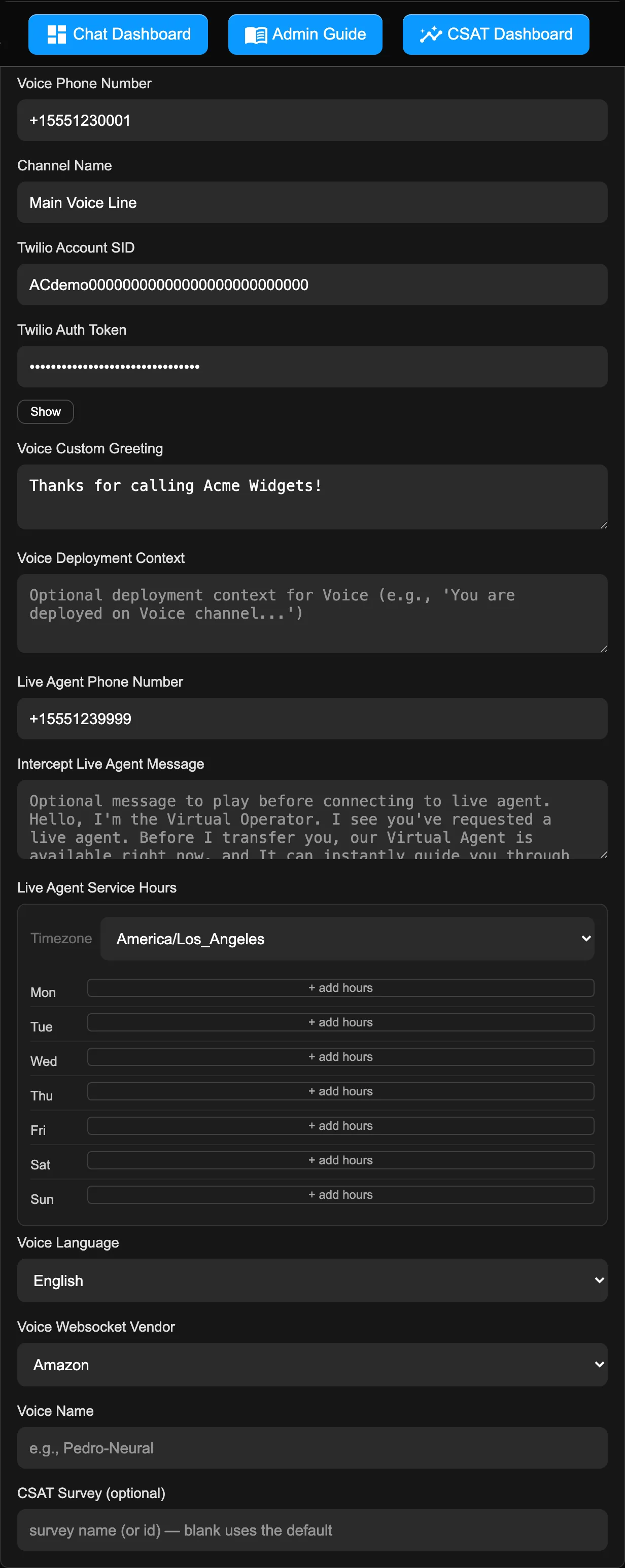 An expanded Voice channel card showing the phone number, Twilio credentials with a Show button, Voice Custom Greeting, Live Agent Phone Number, the Live Agent Service Hours weekly editor, Voice Language/Vendor/Name, and the optional CSAT Survey override field at the bottom.