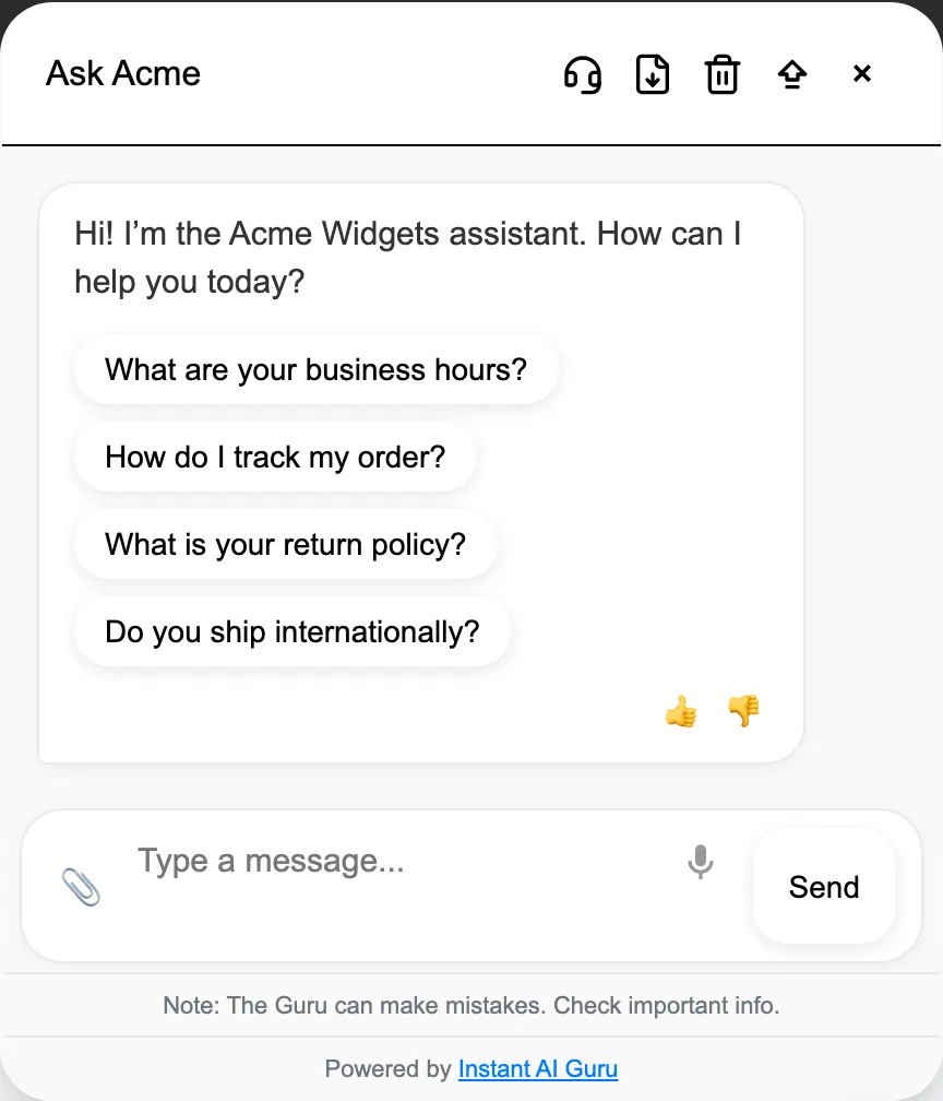 The open chat widget: header with the caption and five controls, a welcome message, four chat-starter buttons, thumbs up and thumbs down icons, and an input row with paperclip, microphone and Send.